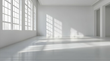 Obraz premium A Minimalist White Room with Large Windows Casting Sunlight on the Wooden Floor