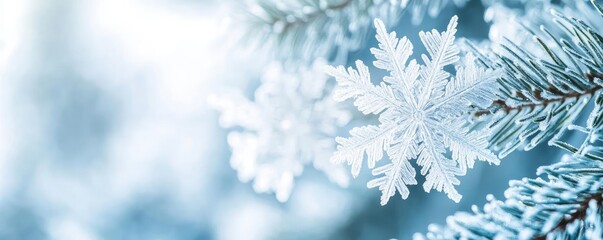 A close-up view of delicate snowflakes resting on evergreen branches, capturing the beauty of winter's frost and tranquility.