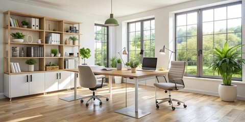 Modern home office with two work desks in a bright and airy workspace setting