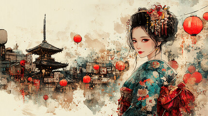 oiran, sumi-e, ink painting, Japanese painting, red light district, gorgeous, beautiful, kimono, hairpin, edo period, meiji, japan, sex appeal, traditional