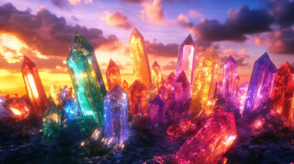 Fototapeta premium A vibrant field of multicolored crystals glistens under stunning sunset, showcasing hues of blue, green, orange, and purple. scene evokes sense of wonder and magic