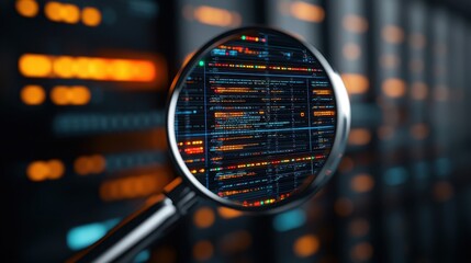 Close-up of a magnifying glass enhancing digital data on a server background.