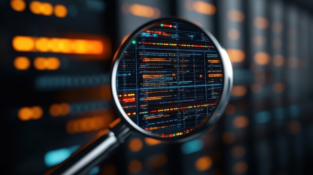 Close-up of a magnifying glass enhancing digital data on a server background.