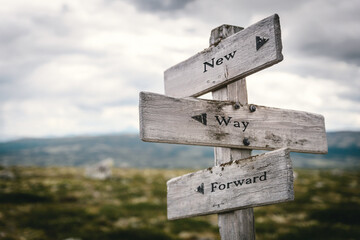 new way forward text quote on wooden directional signpost outdoors in nature