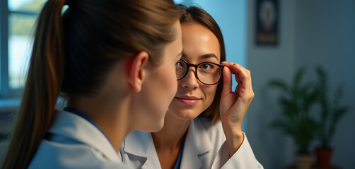 Naklejka premium Optician Fitting Glasses for Young Female Patient