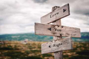 love you right text quote on wooden directional signpost outdoors in nature