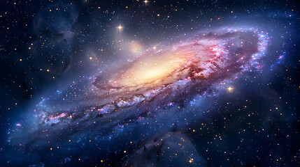 A Cosmic Spiral Galaxy with Glowing Stars and Nebulas in a Deep Space Background