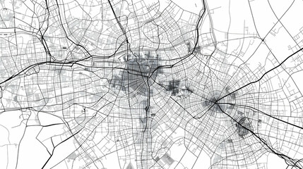 Obraz premium A Detailed Black and White Line Art Illustration of a City's Street Network with Densely Packed Roads and Intersections, Displaying a Complex and Organized Urban Infrastructure