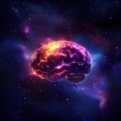 A glowing, multicolored nebula in the shape of a human brain, symbolizing the vastness of human imagination