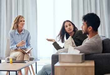 Argument, psychology or therapy with couple and counselor in office for conflict resolution. Divorce, unhappy or stress with psychologist talking to man and woman patient for relationship mediation