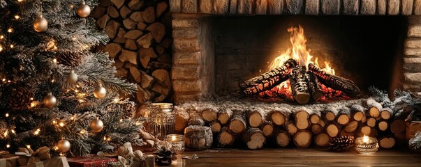 Fototapeta premium A cozy Christmas setting featuring a beautifully decorated tree by a warm fireplace, perfect for holiday ambiance.