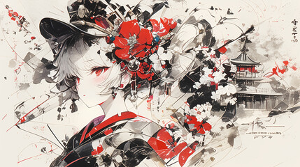 oiran, sumi-e, ink painting, Japanese painting, red light district, gorgeous, beautiful, kimono, hairpin, edo period, meiji, japan, sex appeal, traditional