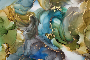 Natural  luxury abstract fluid art painting in alcohol ink technique. Tender and dreamy  wallpaper. Mixture of colors creating transparent waves and golden swirls. For posters, other printed materials