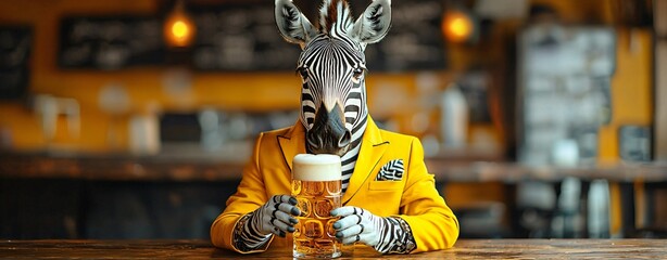 A whimsical zebra in a stylish yellow suit enjoying a beer, perfect for Thanksgiving and Halloween celebrations. Ideal for themed events or party invitations with copy space.