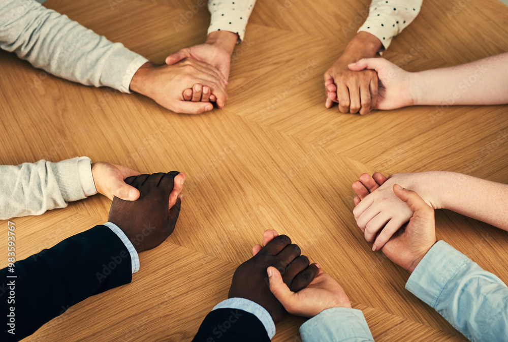 Poster group, holding hands and circle in office with support, connection and teamwork for synergy at compa