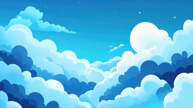 Flat style illustration of a sky with clouds Blue toned cloudy background featuring a 2D cartoon representation Abstract nature wallpaper design