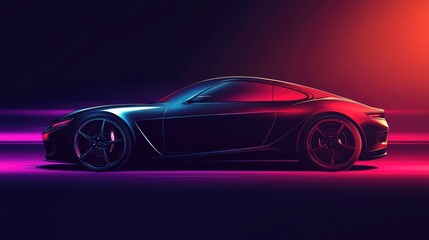 Naklejka premium Sporty coupe depicted in a dark setting with dramatic lighting presented as a 2D cartoon illustration