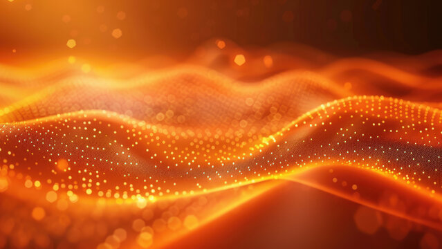Abstract glowing orange particles and light waves in motion