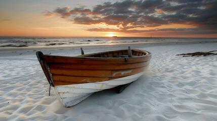 Obraz premium A wooden boat sits on a sandy beach, with the ocean in the background and a sunset sky above