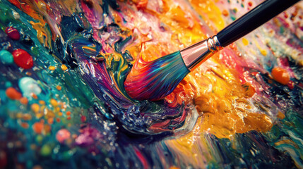 A kaleidoscope of vibrant colors pouring from paintbrush creates mesmerizing swirl of hues, evoking sense of creativity and artistic expression