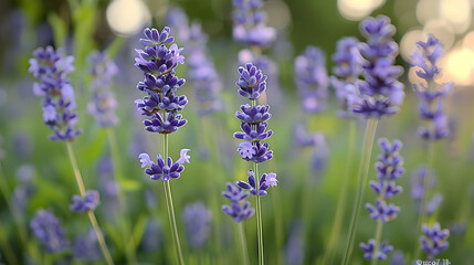 Naklejka premium Close-up Photograph of Purple Lavender Flowers Blooming in a Field with Green Grass and a Softly Focused Background