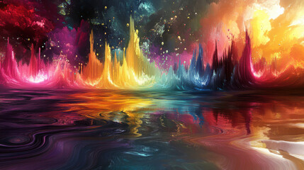 A kaleidoscope of vibrant colors pouring from picturesque landscape, creating mesmerizing reflection on waters surface. scene evokes sense of wonder and tranquility