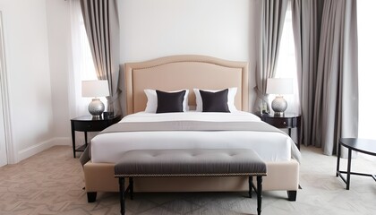 The room has an elegant bed with a beige headboard, grey curtains on each side of it, two lamps beside the bed, a gray bench at the foot end of the bed and a black coffee table near the window.	