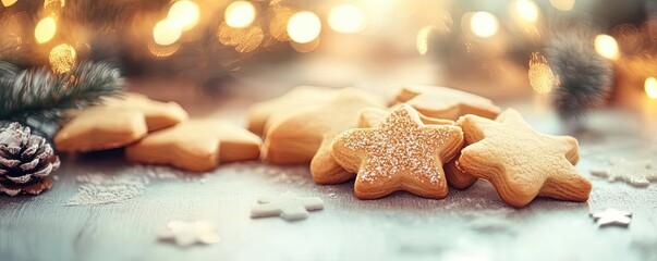 Delicious star-shaped cookies dusted with sugar, perfect for festive celebrations and holiday gatherings with warm lights in the background.
