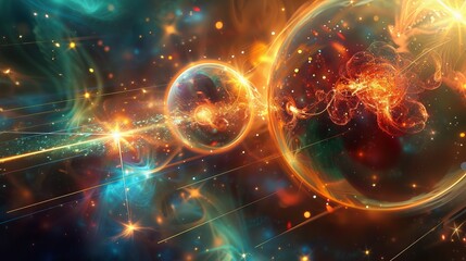 Obraz premium Stunning illustration of quantum entanglement two photons linked by vibrant energy beams