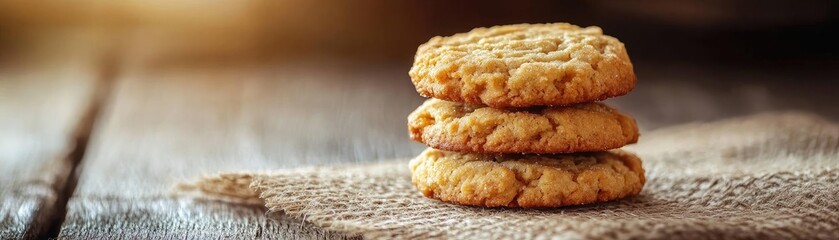 Freshly baked cookies stacked on a rustic table, highlighting their golden brown color and crunchy texture, perfect for sweet moments.