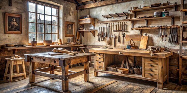 Antique carpenter workshop with vintage wooden drawing desk and tools for craftsmen