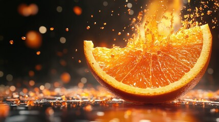 A vibrant, splashing orange slice, radiating freshness and energy, ideal for culinary, beverage, and healthy lifestyle themes.