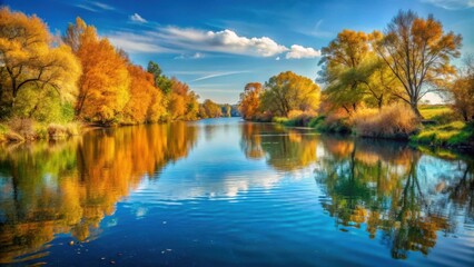 Tranquil River Scene with Clear Blue Water and Autumn Trees for Peaceful Reflection