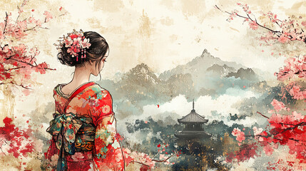 Fototapeta premium oiran, sumi-e, ink painting, Japanese painting, red light district, gorgeous, beautiful, kimono, hairpin, edo period, meiji, japan, sex appeal, traditional
