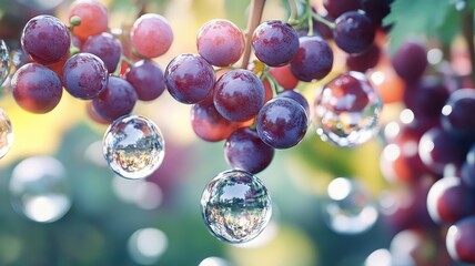 Fototapeta premium Fresh grapes adorned with sparkling water droplets under bright sunlight, creating a beautiful and refreshing visual delight.