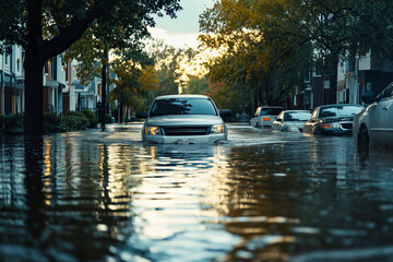 Navigating the Deluge: A lone car carefully traverses a flooded neighborhood street, the setting sun casting an ethereal glow on the aftermath of a devastating flood. 