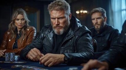 Obraz premium Card game intensity: Club players immersed in Texas Hold'em poker match, testing their bluffing abilities, tactical decisions in challenging, dynamic environment filled with tension and excitement.