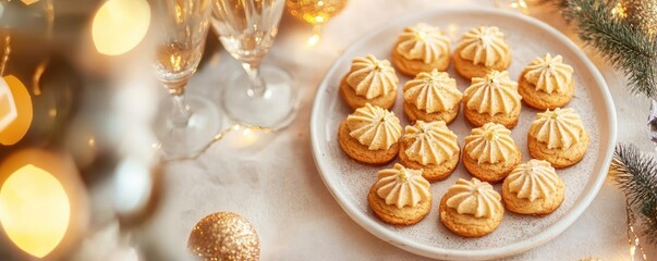 Fototapeta premium Delicious festive cookies elegantly arranged on a plate, perfect for holiday celebrations and gatherings with loved ones.