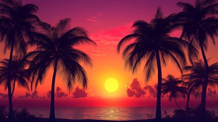 Beautiful tropical sunset with vibrant colors illuminating the sky and silhouetting palm trees, reflecting tranquil ocean waves; a serene and captivating coastal scene.