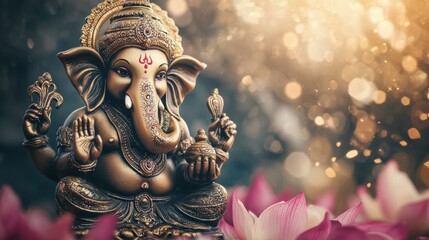Fototapeta premium Ornate Ganesha Statue in Golden Hues with Floral Accents