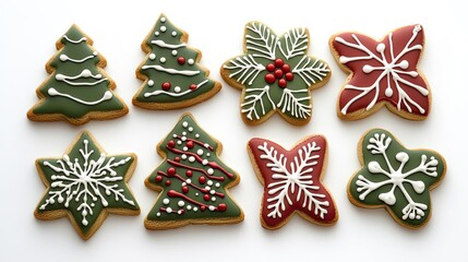 Fototapeta premium Deliciously decorated Christmas cookies featuring festive shapes like trees, snowflakes, and flowers, perfect for holiday celebrations.