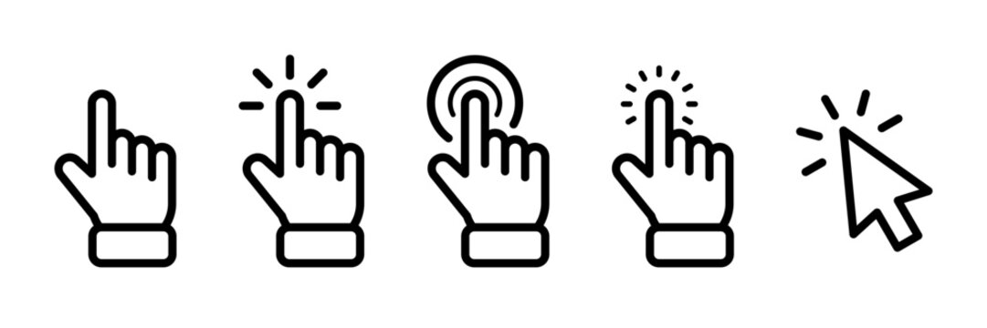 Pointer cursor сomputer mouse icon. Clicking cursor, pointing hand clicks icons. Click cursor. Vector Illustration.