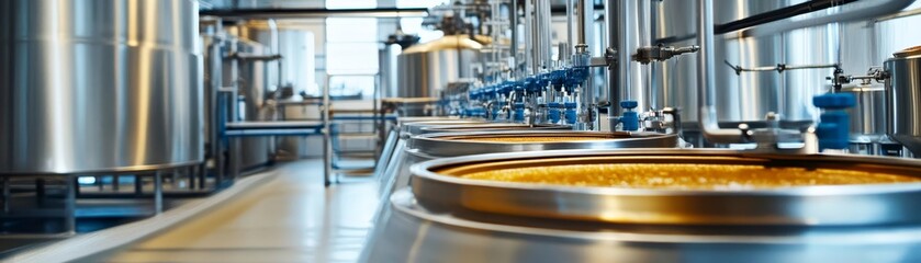 Stainless Steel Brewing Tanks with Golden Liquid Inside
