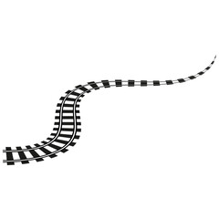 Curved railway track. Transport infrastructure concept. Perspective rail design. Vector icon.