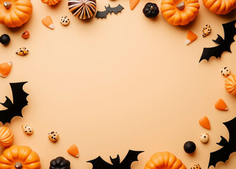 Halloween frame with bats, pumpkins and candy on beige background top view flat lay stock photo contest winner