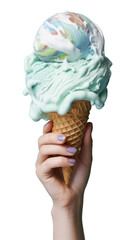 PNG Hand holding melting earth icecream dessert food blue.