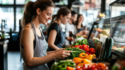 Fresh produce is being prepared by woman in vibrant market, showcasing variety of colorful vegetables. atmosphere is lively and promotes healthy eating