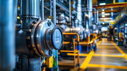 Fototapeta premium Industrial Pipe and Valve Close Up with Yellow Lines and Blurred Background