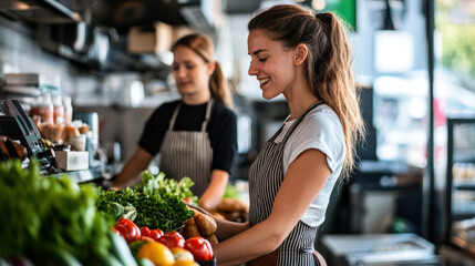 Fresh produce and vibrant vegetables are being prepared by two women in cozy cafe setting, showcasing commitment to healthy eating and local business collaboration