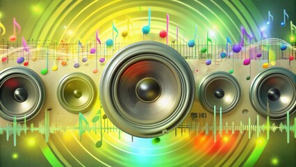 Obraz premium Five speakers with musical notes and sound waves.